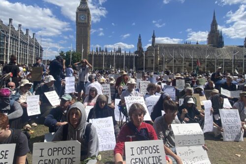 Protestors in London holding the sign "I oppose Genocide. I support Palestine Action" during a mass civil disobedience sit-in on August 9, 2025. Support for Palestine Action was proscribed by the UK's Labour government in July 2025 [HudaAmmori / X]